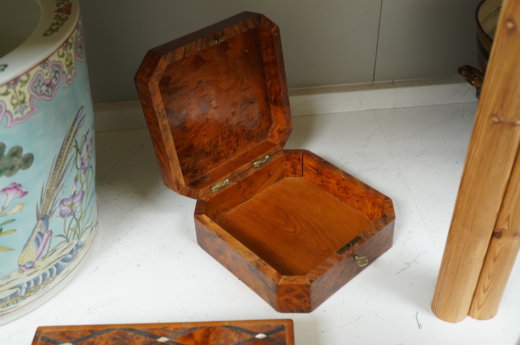 A collection of assorted 20th century yew wood boxes